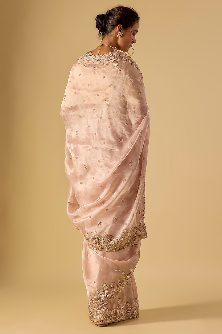 Pink Tissue Hand & Machine Embroidered Bridal Saree Set by Kalighata at Pernia's Pop Up Shop