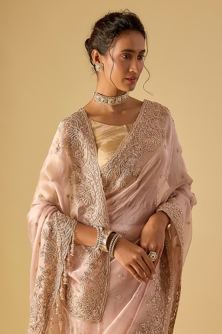 Pink Tissue Hand & Machine Embroidered Bridal Saree Set by Kalighata at Pernia's Pop Up Shop