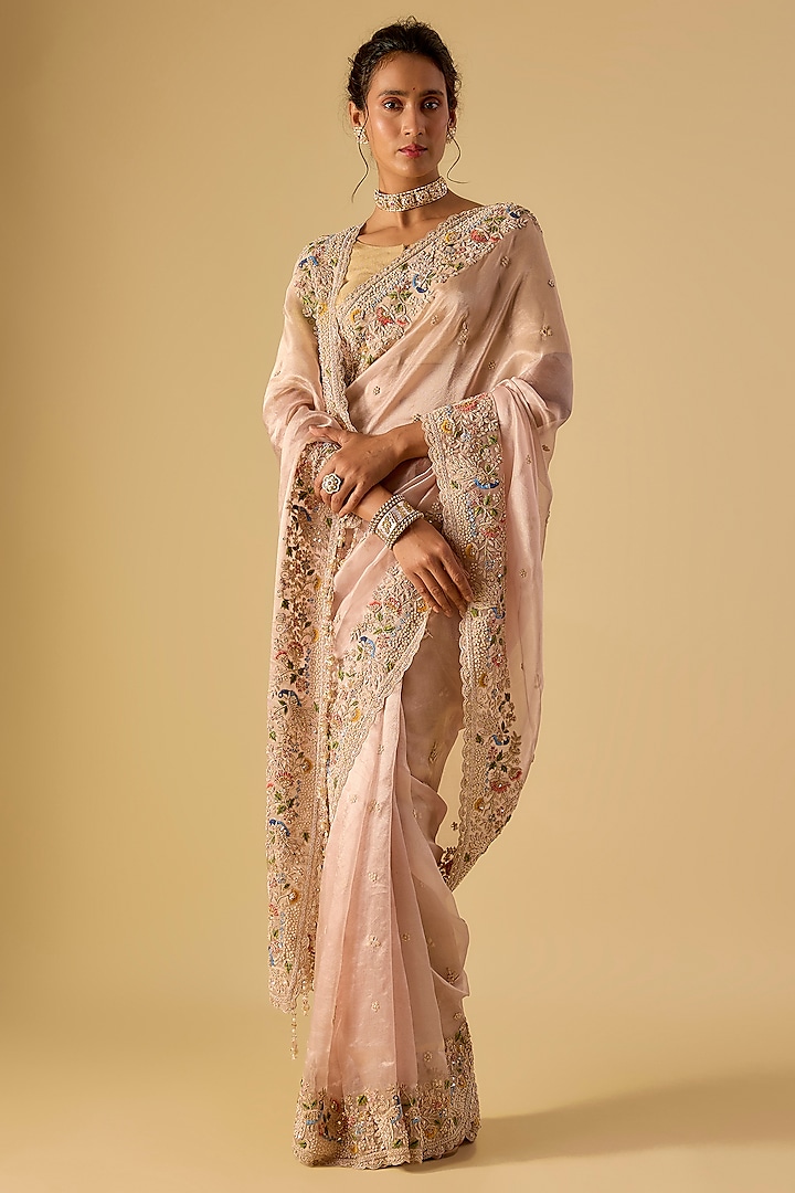 Pink Tissue Hand & Machine Embroidered Reception Saree Set by Kalighata at Pernia's Pop Up Shop