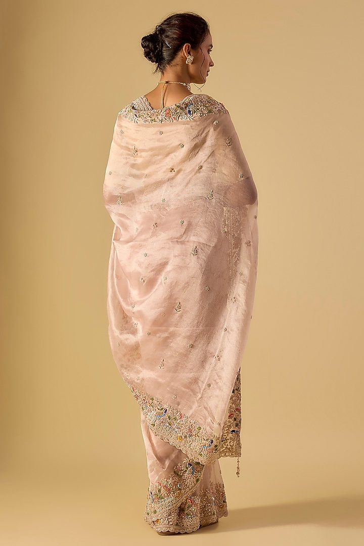 Pink Tissue Hand & Machine Embroidered Reception Saree Set by Kalighata at Pernia's Pop Up Shop