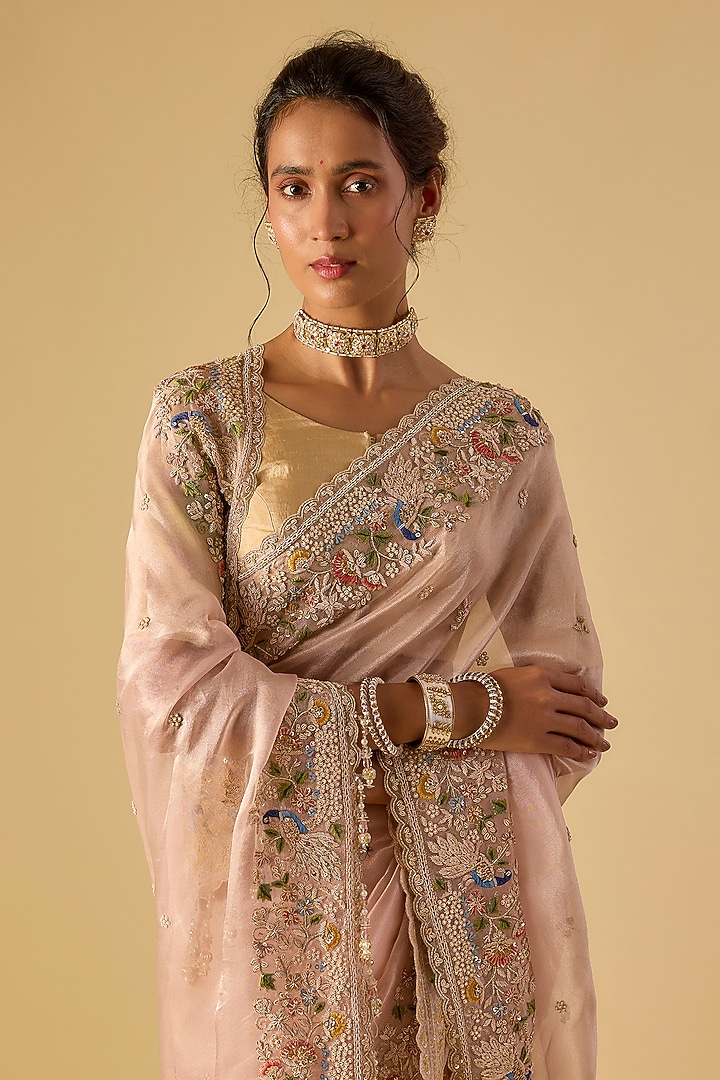Pink Tissue Hand & Machine Embroidered Reception Saree Set by Kalighata at Pernia's Pop Up Shop