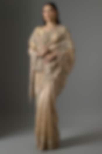 Golden Tissue Hand & Machine Embroidered Bridal Saree Set by Kalighata at Pernia's Pop Up Shop