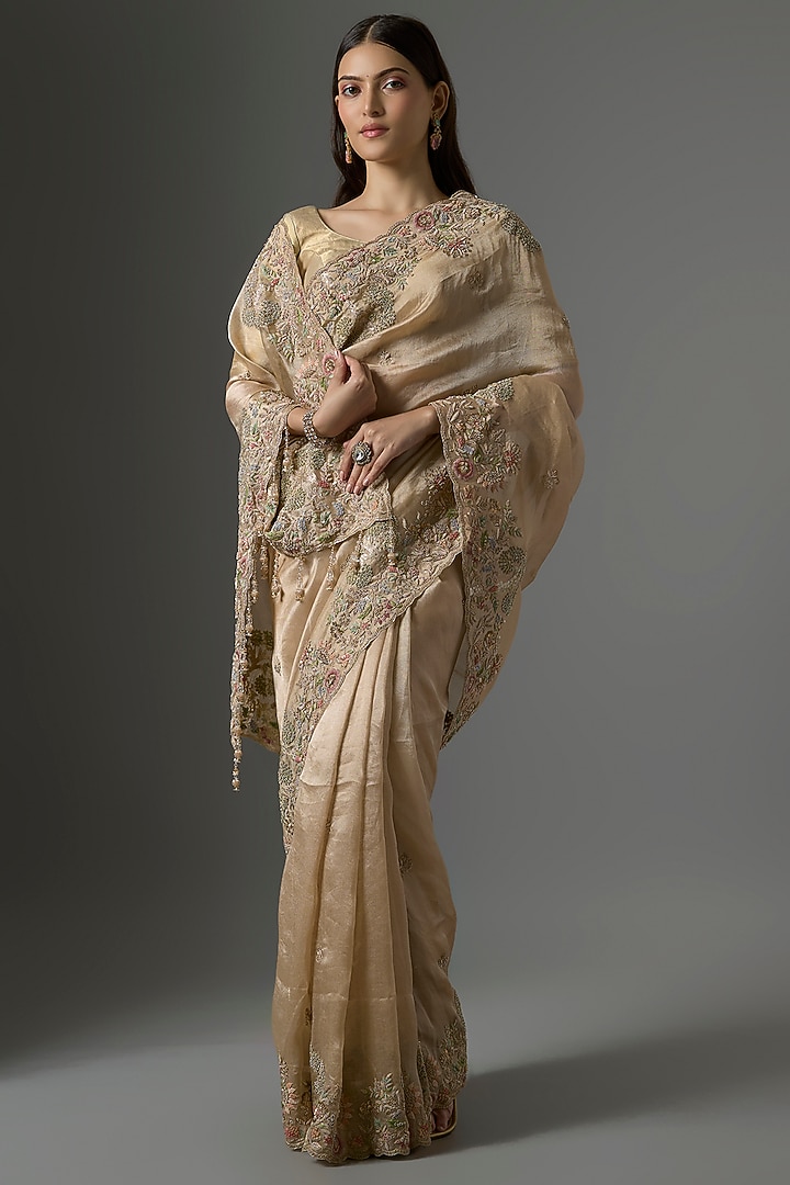 Golden Tissue Hand & Machine Embroidered Bridal Saree Set by Kalighata at Pernia's Pop Up Shop