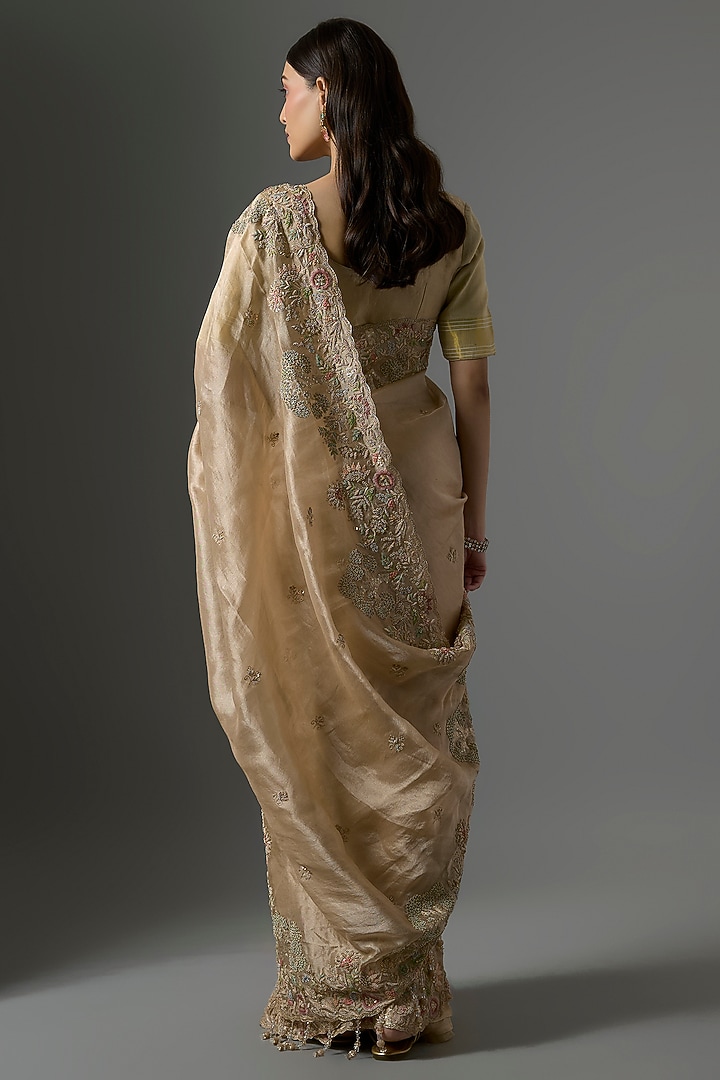 Golden Tissue Hand & Machine Embroidered Bridal Saree Set by Kalighata at Pernia's Pop Up Shop