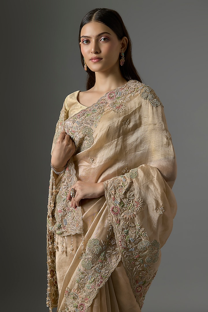 Golden Tissue Hand & Machine Embroidered Bridal Saree Set by Kalighata at Pernia's Pop Up Shop