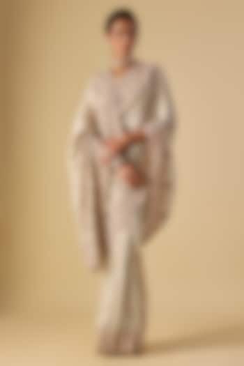 Aqua Tissue Hand & Machine Embroidered Reception Saree Set by Kalighata at Pernia's Pop Up Shop