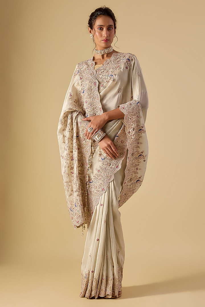 Aqua Tissue Hand & Machine Embroidered Reception Saree Set by Kalighata at Pernia's Pop Up Shop