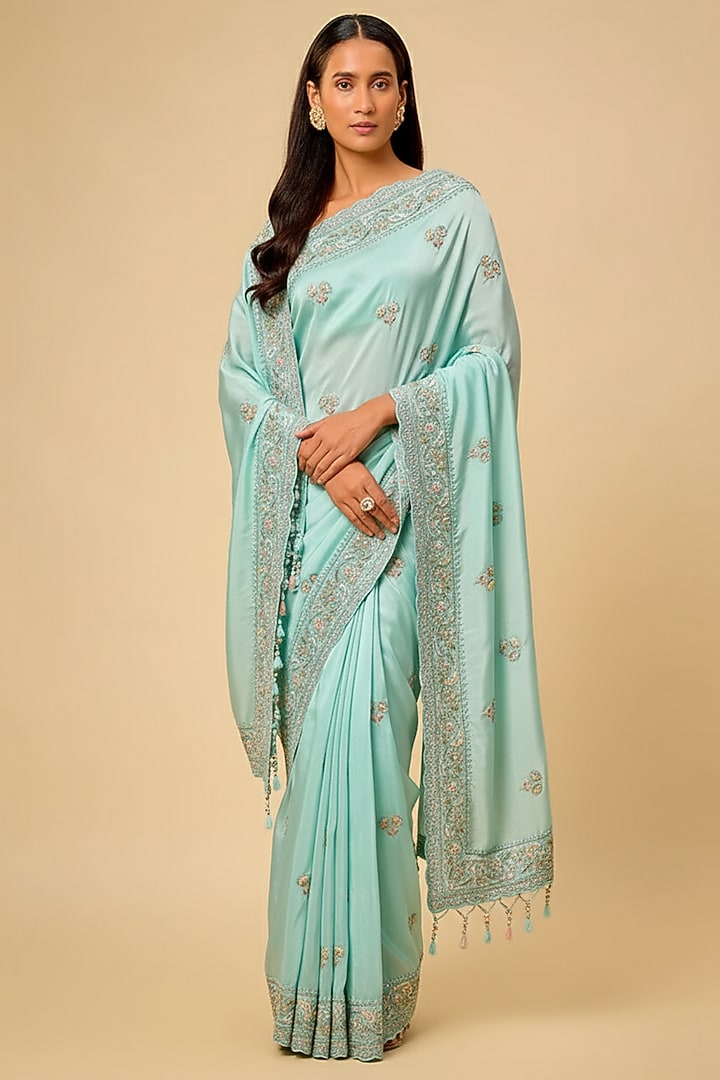 Aqua Tissue Hand & Machine Embroidered Bridal Saree Set by Kalighata at Pernia's Pop Up Shop