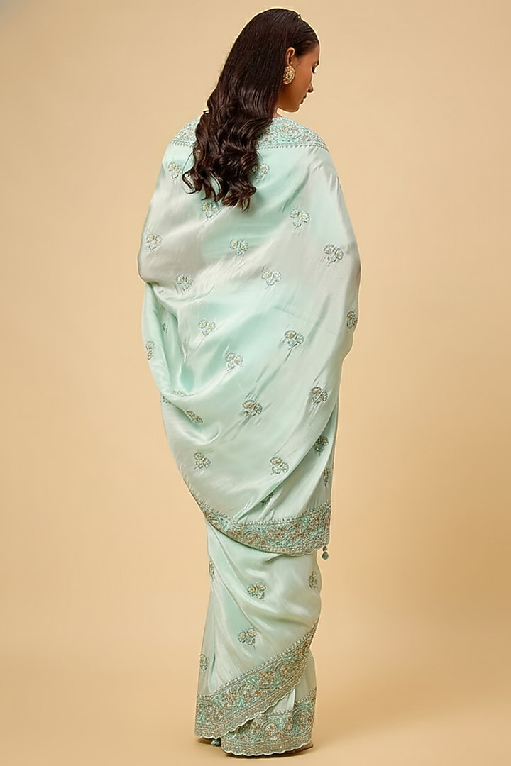 Aqua Tissue Hand & Machine Embroidered Bridal Saree Set by Kalighata at Pernia's Pop Up Shop