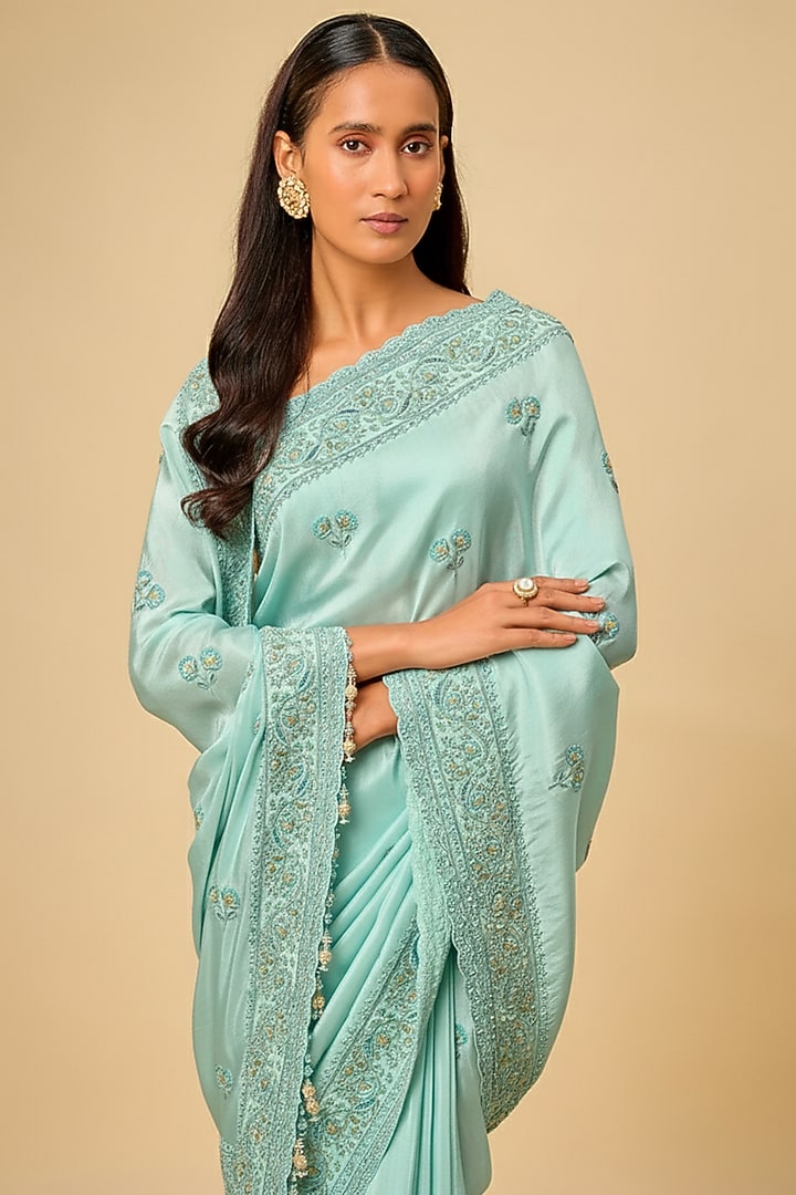 Aqua Tissue Hand & Machine Embroidered Bridal Saree Set by Kalighata at Pernia's Pop Up Shop