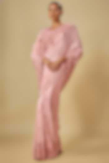 Pink Tissue Hand & Machine Embroidered Bridal Saree Set by Kalighata at Pernia's Pop Up Shop