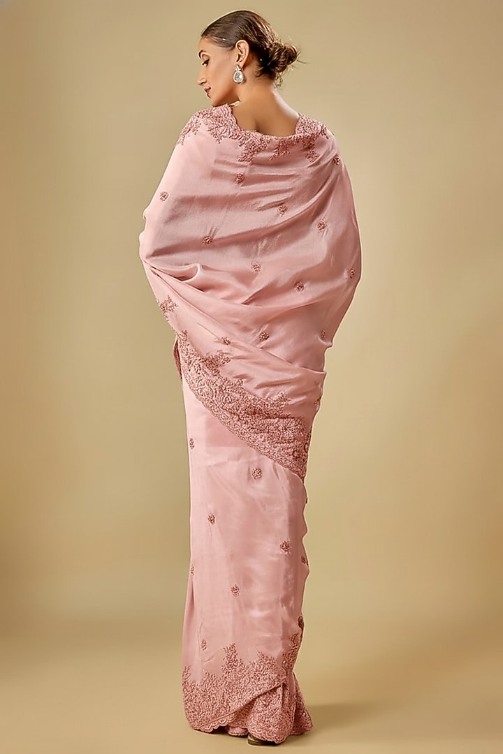 Pink Tissue Hand & Machine Embroidered Bridal Saree Set by Kalighata at Pernia's Pop Up Shop