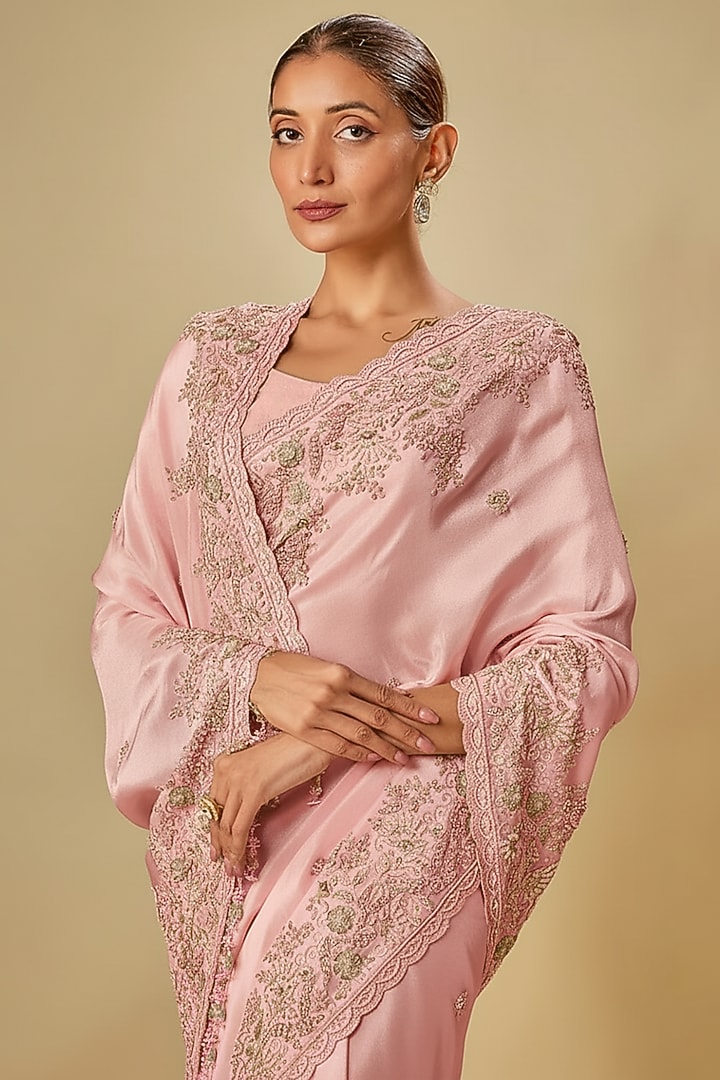 Pink Tissue Hand & Machine Embroidered Bridal Saree Set by Kalighata at Pernia's Pop Up Shop
