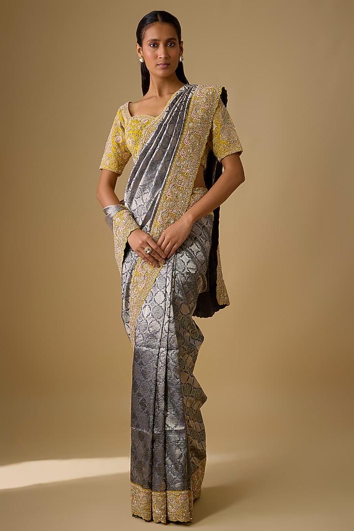 Dark Grey Banarasi Silk Zardosi Embroidered Bridal Saree Set by Kalighata at Pernia's Pop Up Shop