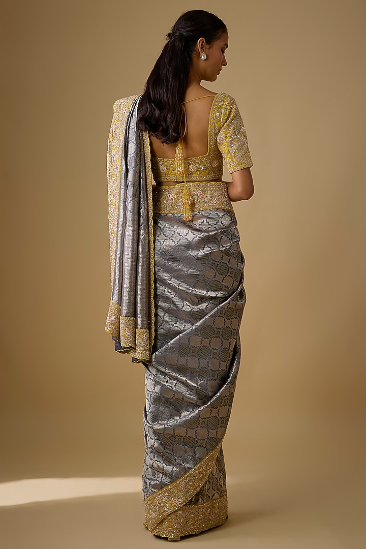 Dark Grey Banarasi Silk Zardosi Embroidered Bridal Saree Set by Kalighata at Pernia's Pop Up Shop