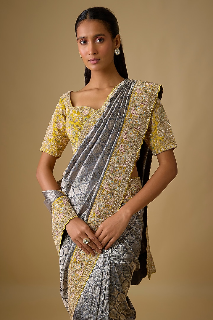 Dark Grey Banarasi Silk Zardosi Embroidered Bridal Saree Set by Kalighata at Pernia's Pop Up Shop