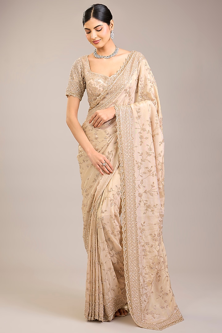 Peach Tissue Organza & Silk Sequin Embellished Reception Saree Set by Kalighata at Pernia's Pop Up Shop
