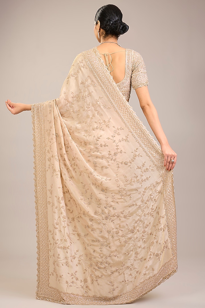 Peach Tissue Organza & Silk Sequin Embellished Reception Saree Set by Kalighata at Pernia's Pop Up Shop