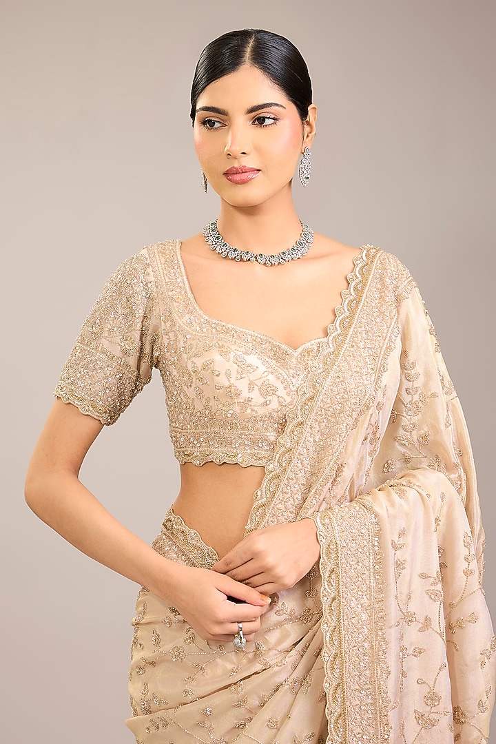 Peach Tissue Organza & Silk Sequin Embellished Reception Saree Set by Kalighata at Pernia's Pop Up Shop