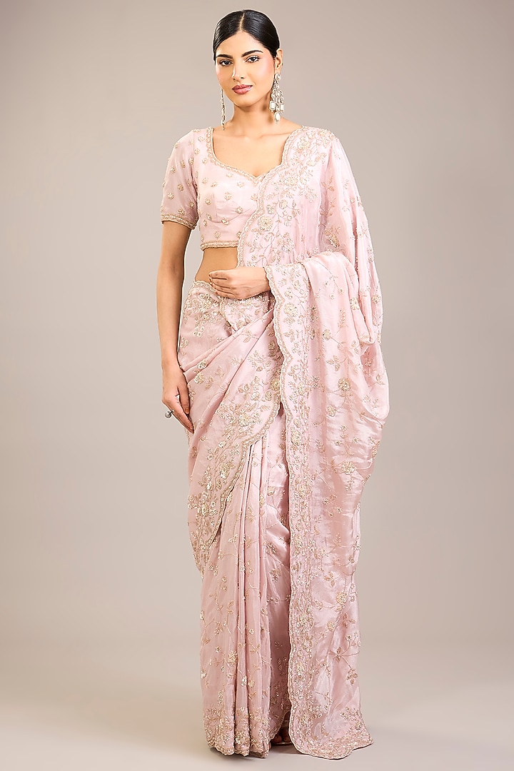 Pink Silk Reception Saree Set by Kalighata at Pernia's Pop Up Shop