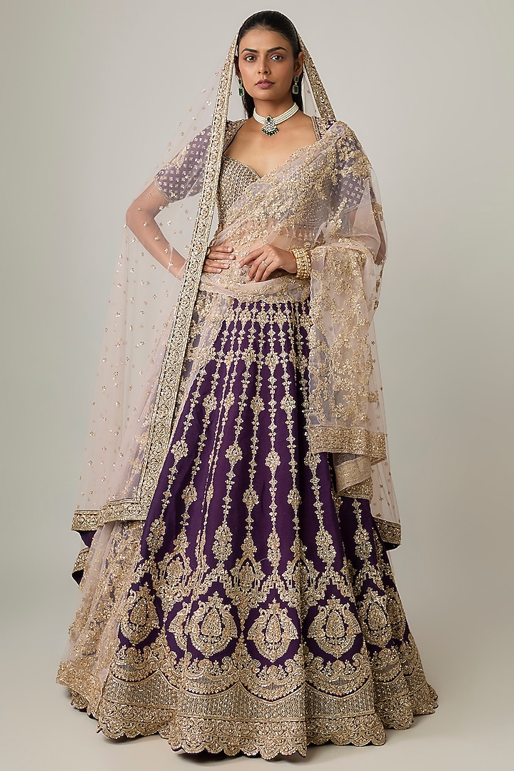 Purple Raw Silk Bridal Lehenga Set by Kalighata at Pernia's Pop Up Shop