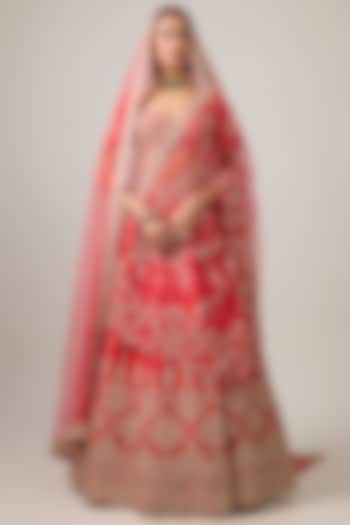Red Raw Silk Bridal Lehenga Set by Kalighata at Pernia's Pop Up Shop