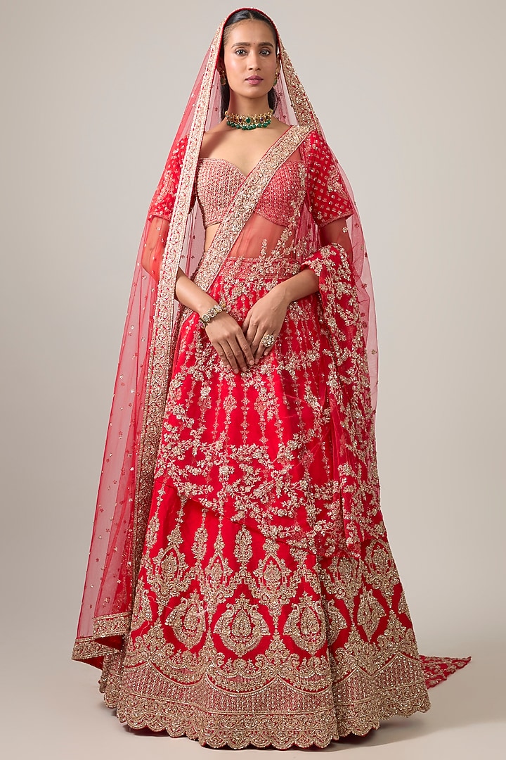 Red Raw Silk Bridal Lehenga Set by Kalighata at Pernia's Pop Up Shop
