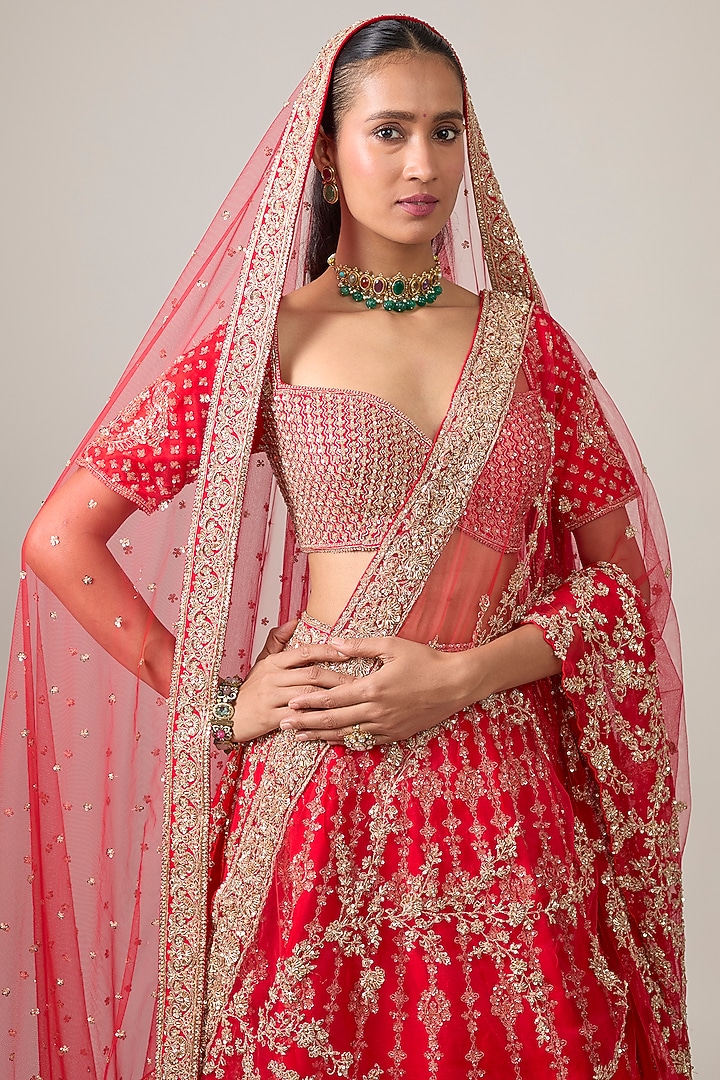 Red Raw Silk Bridal Lehenga Set by Kalighata at Pernia's Pop Up Shop