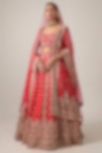 Red Raw Silk Bridal Lehenga Set by Kalighata at Pernia's Pop Up Shop