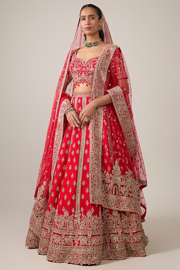 Red Raw Silk Bridal Lehenga Set by Kalighata at Pernia's Pop Up Shop