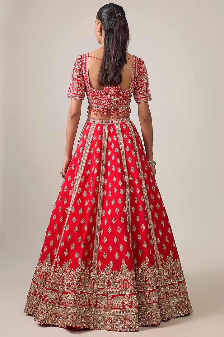 Red Raw Silk Bridal Lehenga Set by Kalighata at Pernia's Pop Up Shop