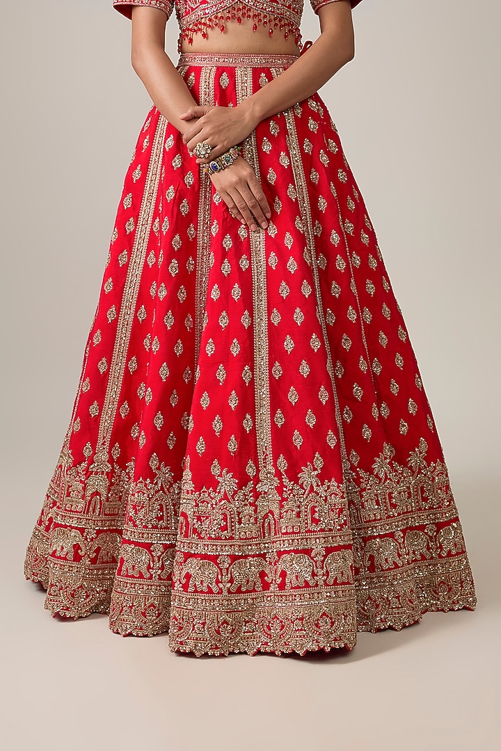 Red Raw Silk Bridal Lehenga Set by Kalighata at Pernia's Pop Up Shop