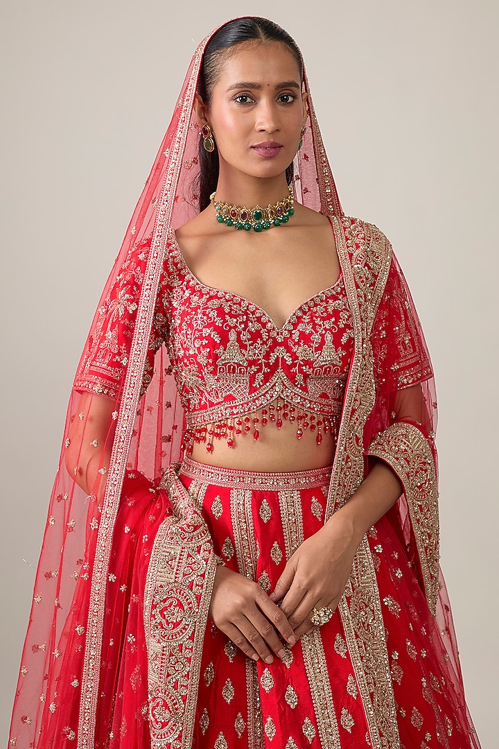 Red Raw Silk Bridal Lehenga Set by Kalighata at Pernia's Pop Up Shop