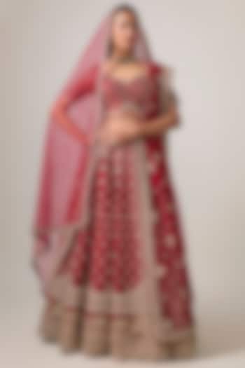 Reddish Maroon Raw Silk Bridal Lehenga Set by Kalighata at Pernia's Pop Up Shop