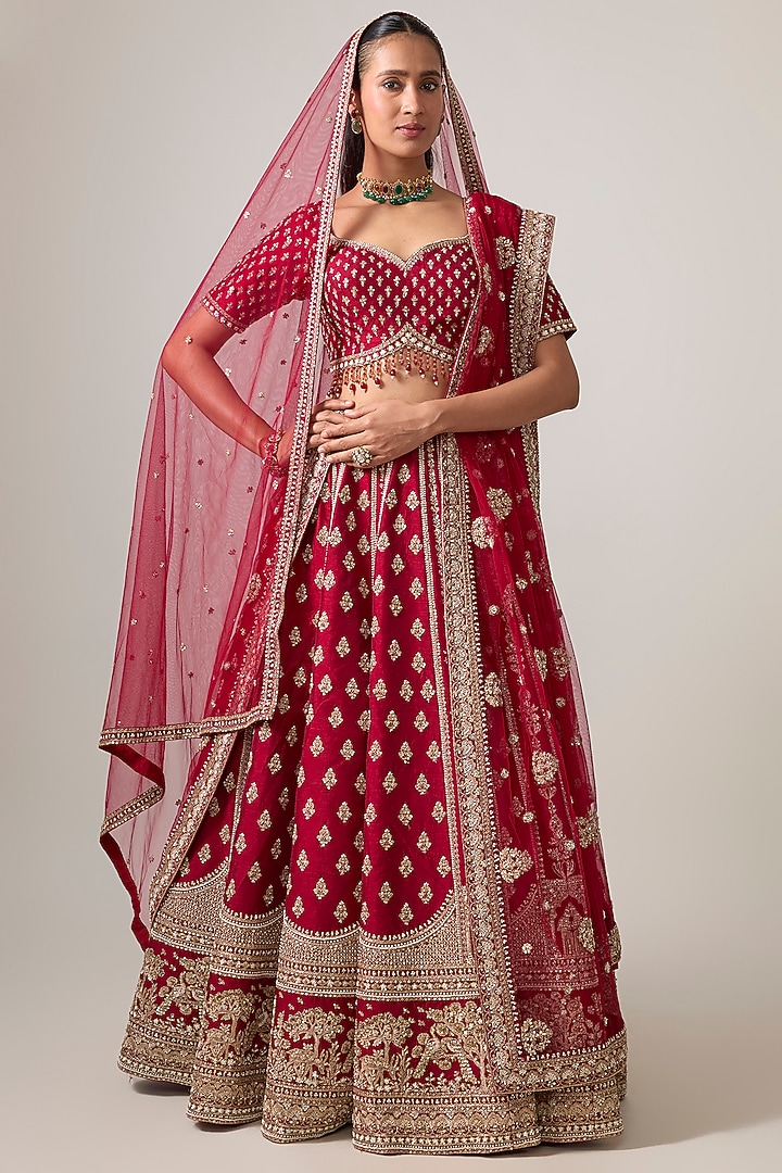 Reddish Maroon Raw Silk Bridal Lehenga Set by Kalighata at Pernia's Pop Up Shop