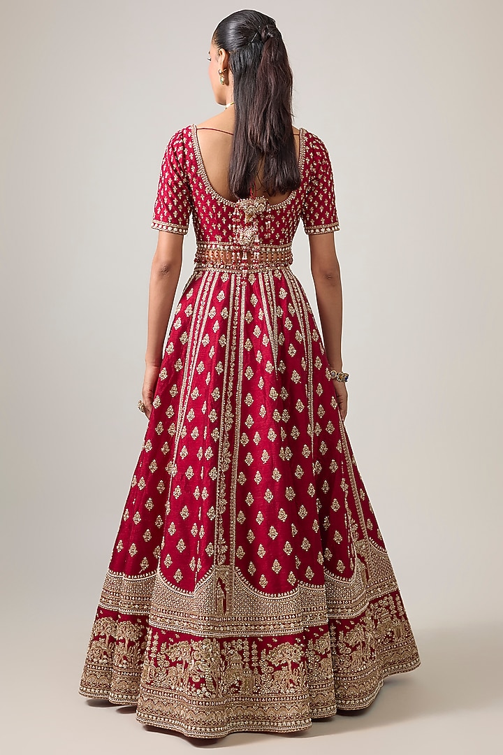 Reddish Maroon Raw Silk Bridal Lehenga Set by Kalighata at Pernia's Pop Up Shop