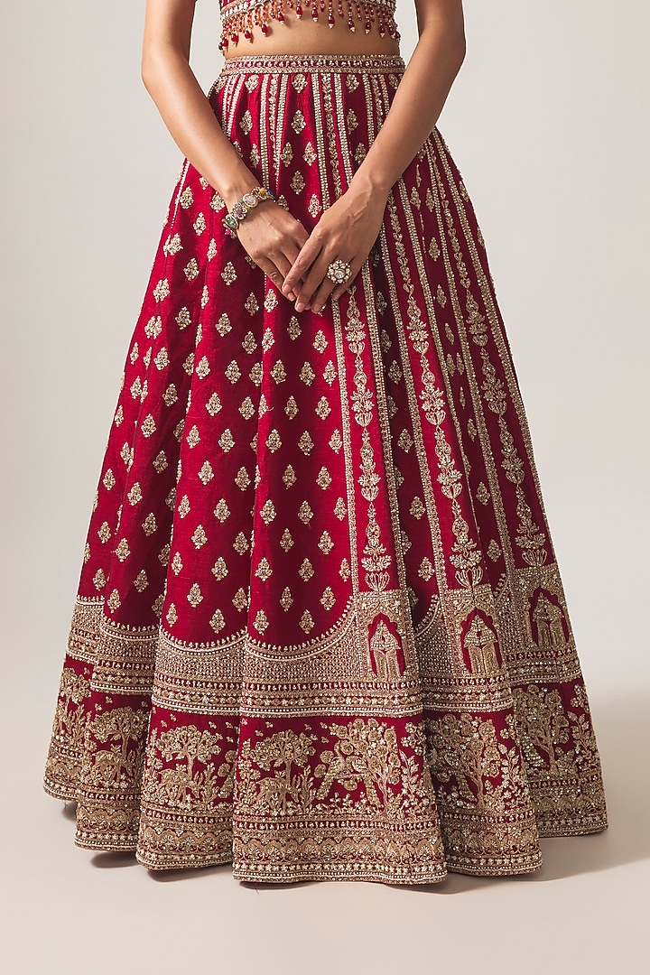 Reddish Maroon Raw Silk Bridal Lehenga Set by Kalighata at Pernia's Pop Up Shop