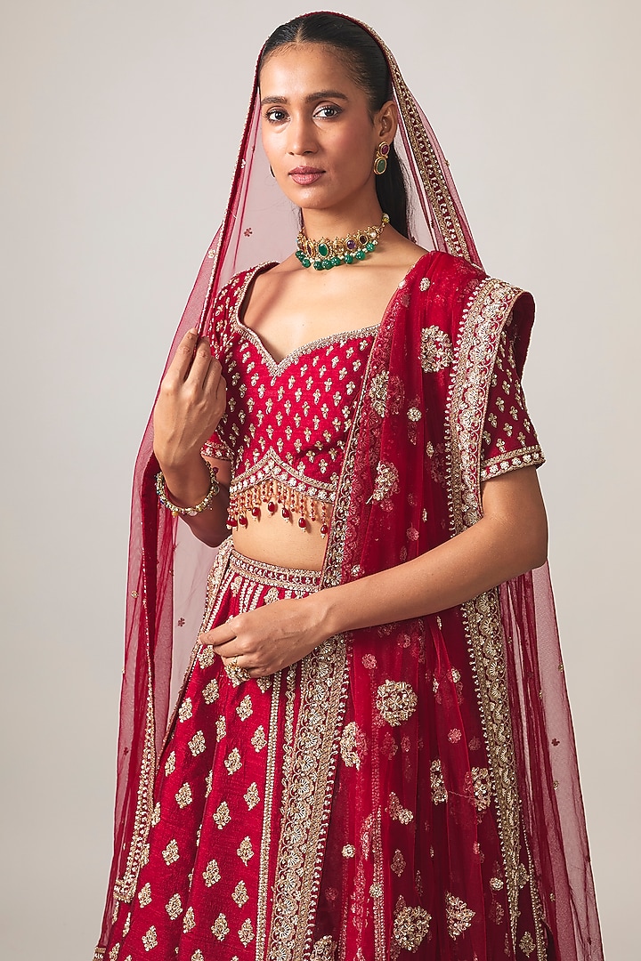 Reddish Maroon Raw Silk Bridal Lehenga Set by Kalighata at Pernia's Pop Up Shop