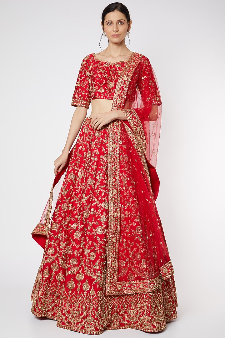 Red Resham Hand Embroidered Wedding Lehenga Set by Kalighata at Pernia's Pop Up Shop