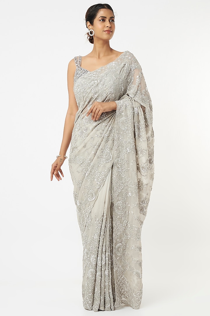 Grey Embroidered Saree by Kalighata at Pernia's Pop Up Shop