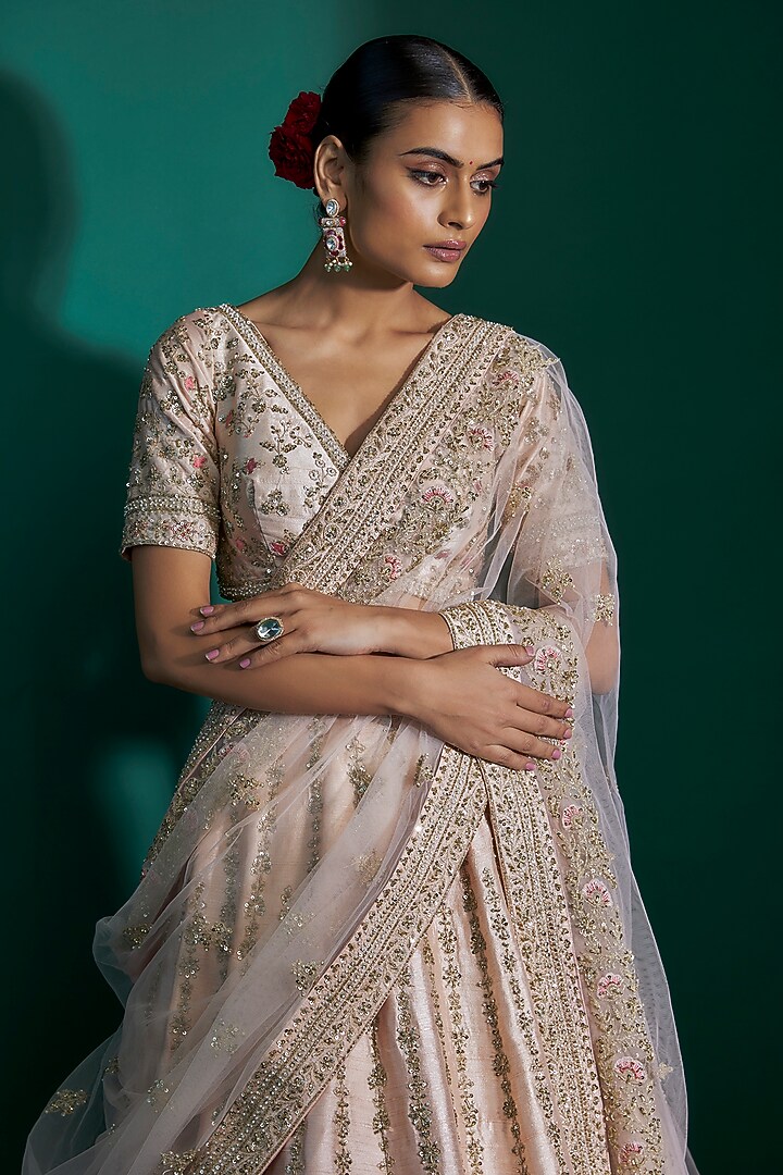 Peach Raw Silk Zardosi & Zari Embroidered Bridal Lehenga Set by Kalighata at Pernia's Pop Up Shop