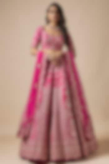 Hot Pink Raw Silk Embroidered Bridal Lehenga Set by Kalighata at Pernia's Pop Up Shop