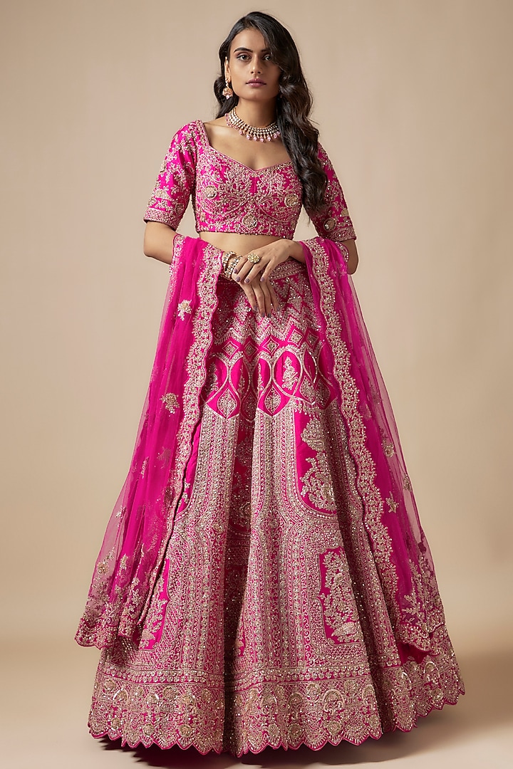 Hot Pink Raw Silk Embroidered Bridal Lehenga Set by Kalighata at Pernia's Pop Up Shop