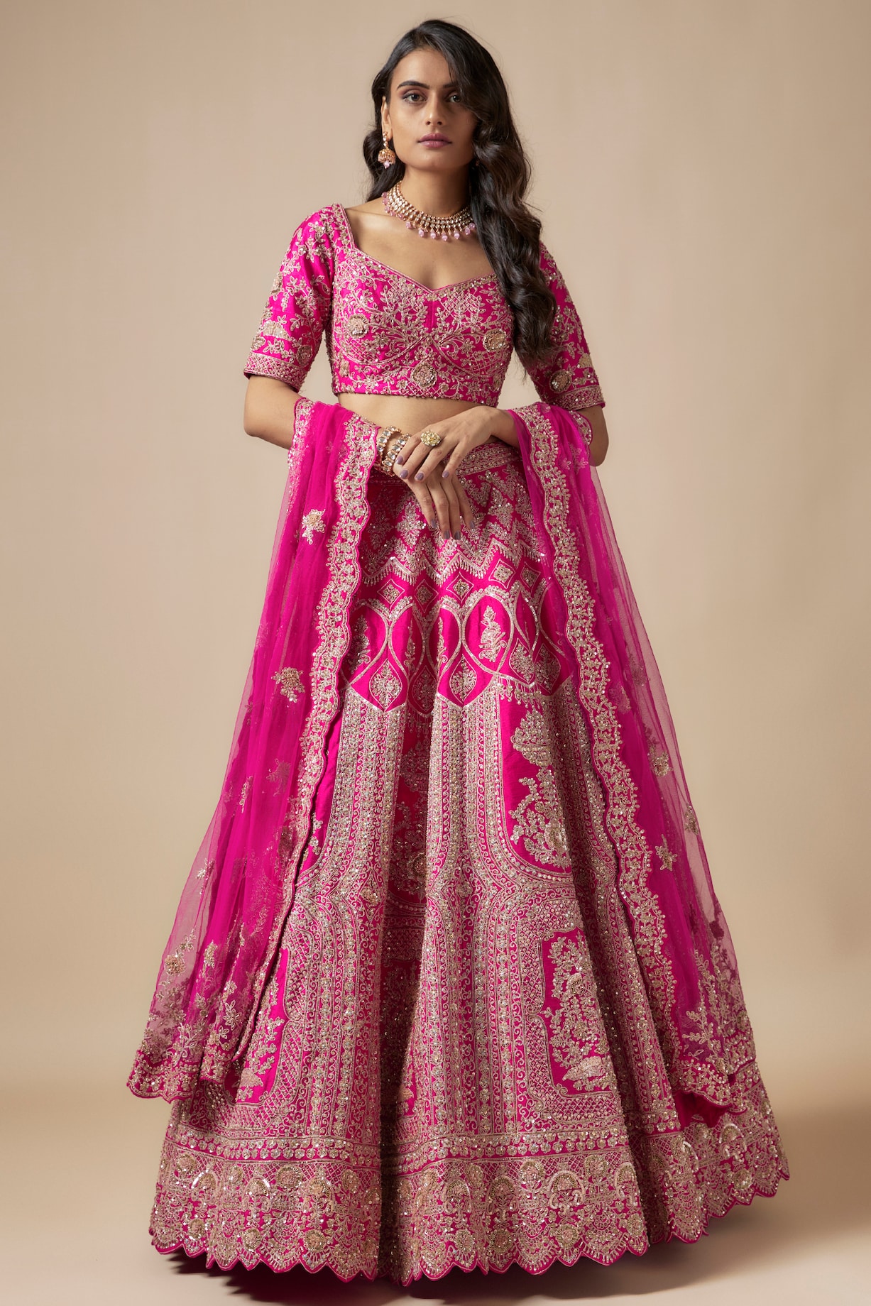 Hot Pink Raw Silk Embroidered Bridal Lehenga Set by Kalighata at Pernia ...