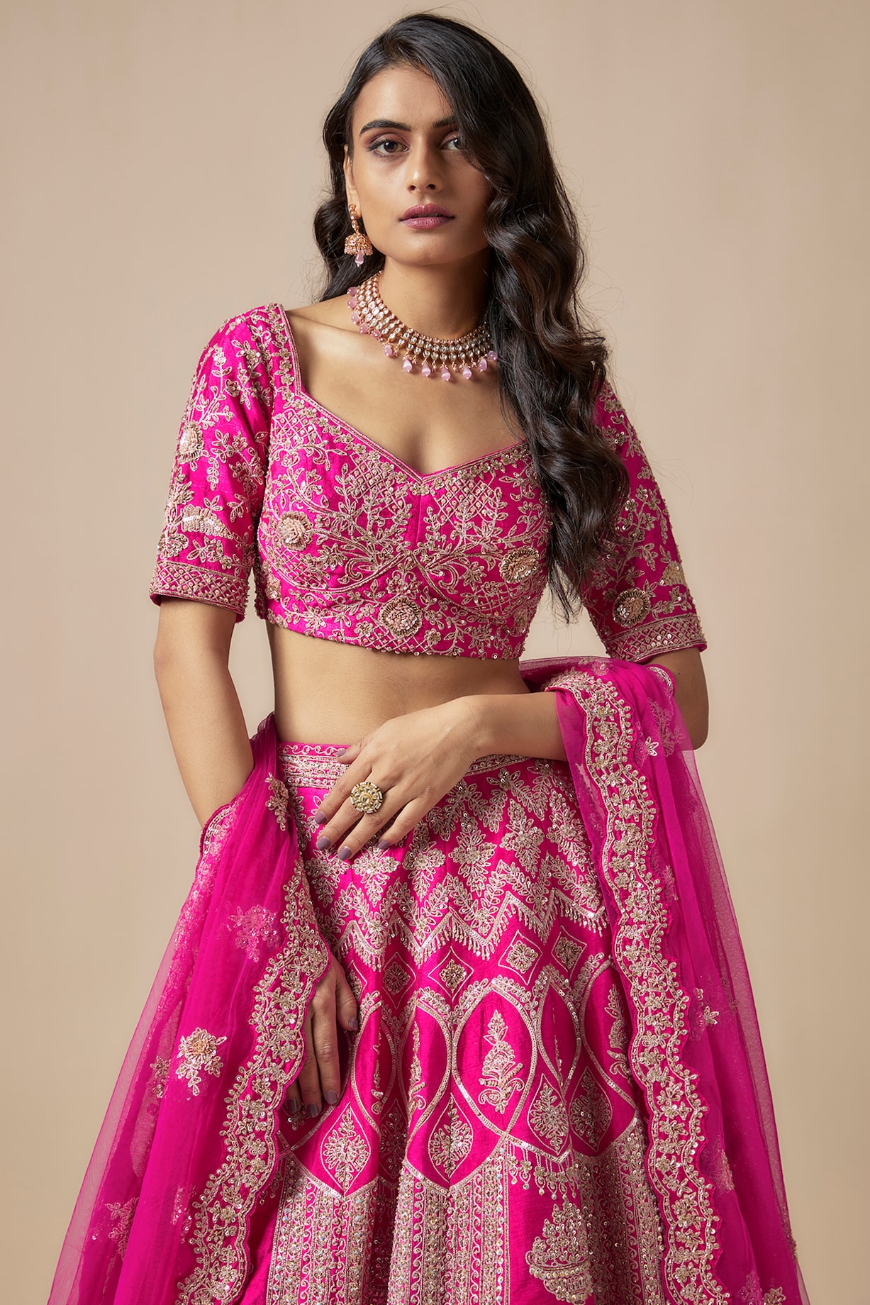 Hot Pink Raw Silk Embroidered Bridal Lehenga Set by Kalighata at Pernia ...