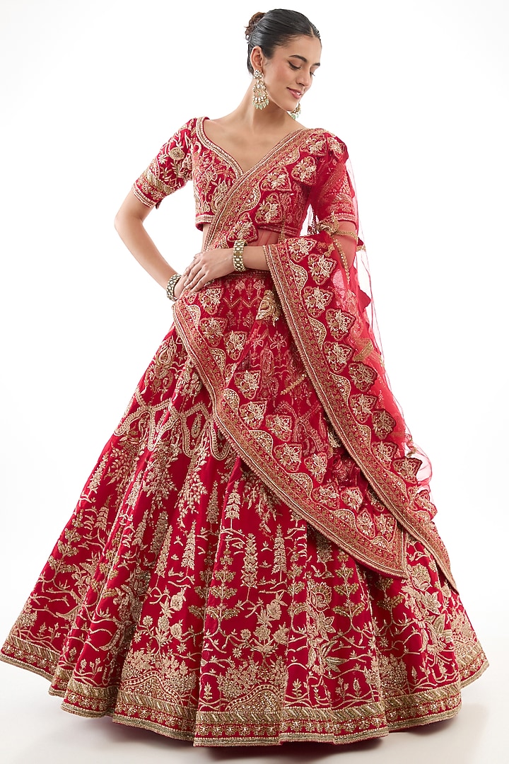 Red Raw Silk Embroidered Bridal Lehenga Set by Kalighata at Pernia's Pop Up Shop