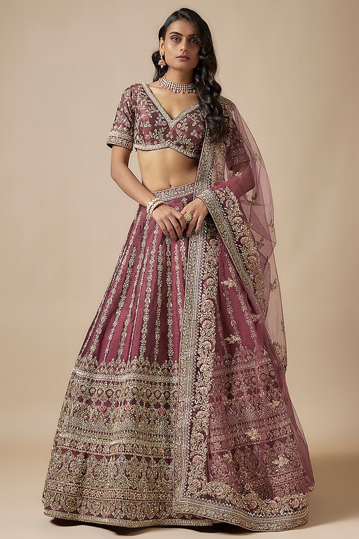 Purple Raw Silk Zardosi Embellished Lehenga Set by Kalighata