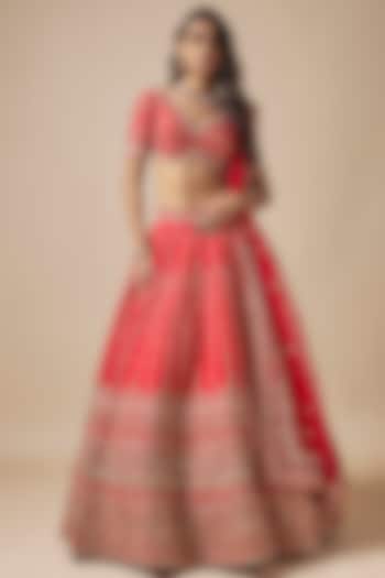 Red Raw Silk Zardosi Embellished Bridal Lehenga Set by Kalighata at Pernia's Pop Up Shop