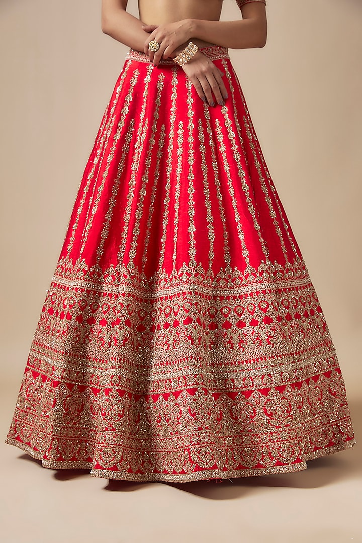 Red Raw Silk Zardosi Embellished Bridal Lehenga Set by Kalighata at Pernia's Pop Up Shop