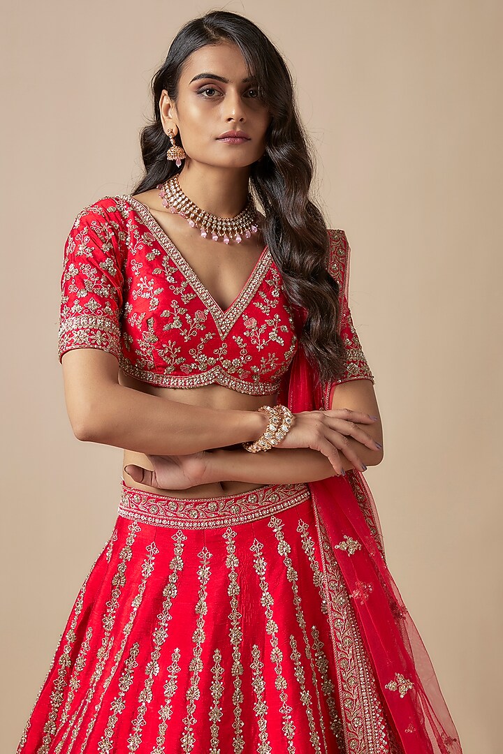 Red Raw Silk Zardosi Embellished Bridal Lehenga Set by Kalighata at Pernia's Pop Up Shop